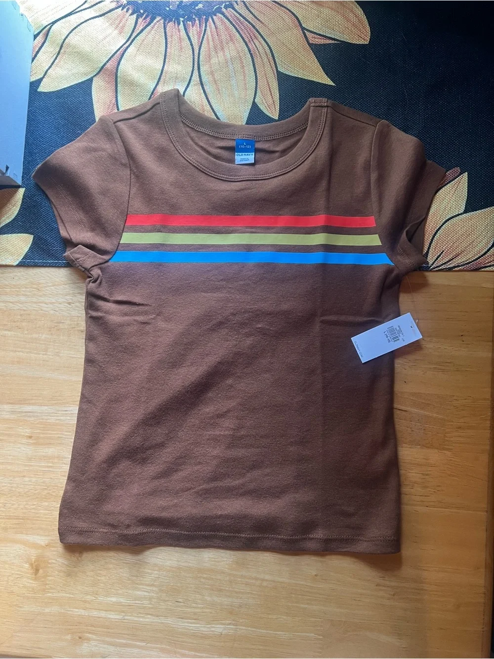 Old Navy Brown Long-Sleeve Tee with Red, Yellow, Green & Blue Stripes